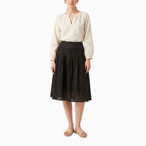 Ann Taylor Black Eyelet Midi Skirt 8 Cotton Pleated Embroidered Boho Cottagecore